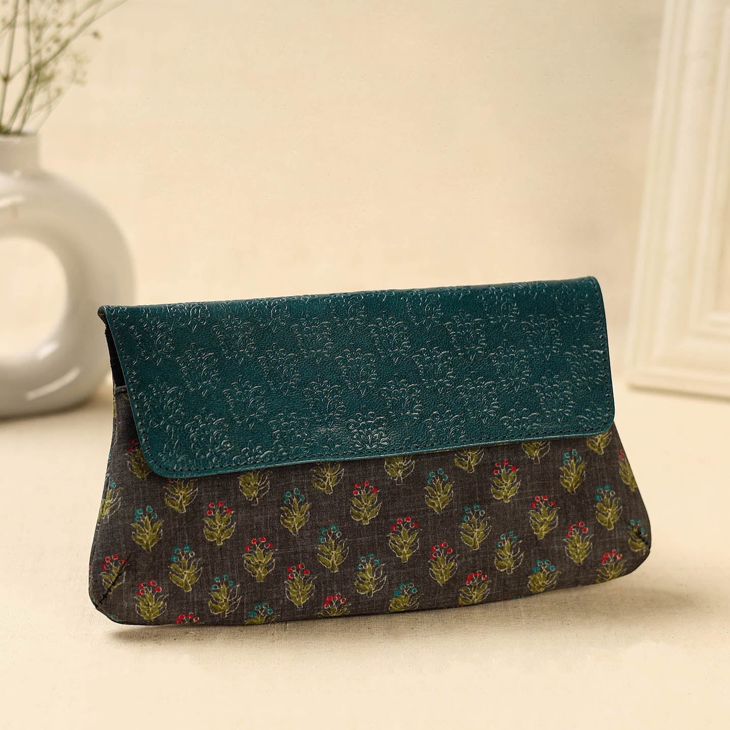 Brown Hand Print Clutch with Embossed Leather Flap