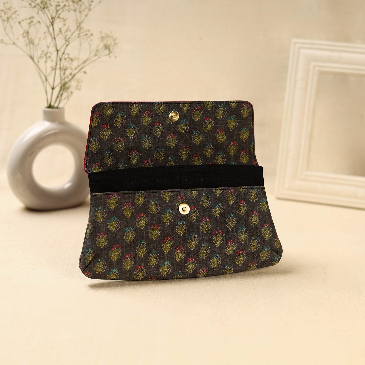 Brown Hand Print Clutch with Embossed Leather Flap