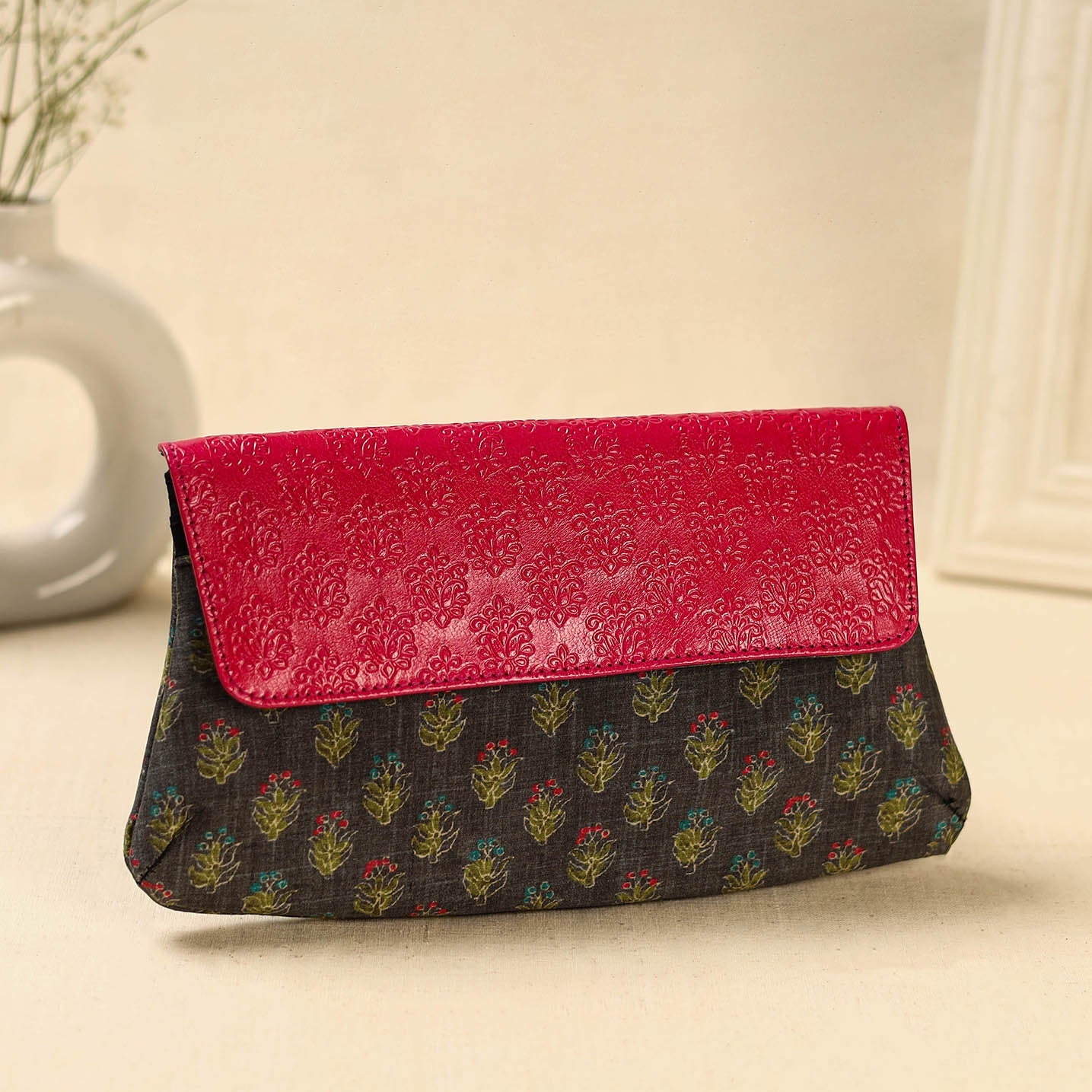 Brown Hand Print Clutch with Embossed Leather Flap