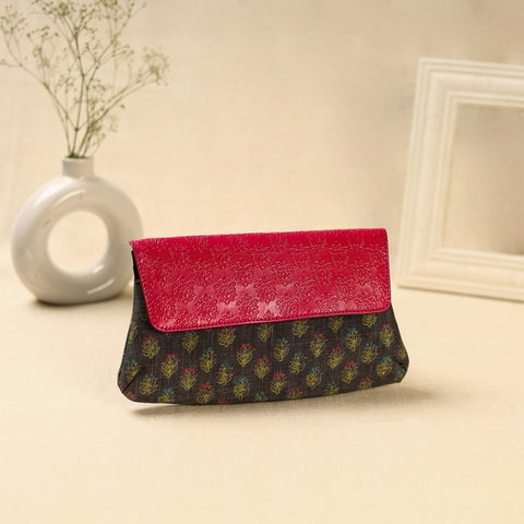 Brown Hand Print Clutch with Embossed Leather Flap