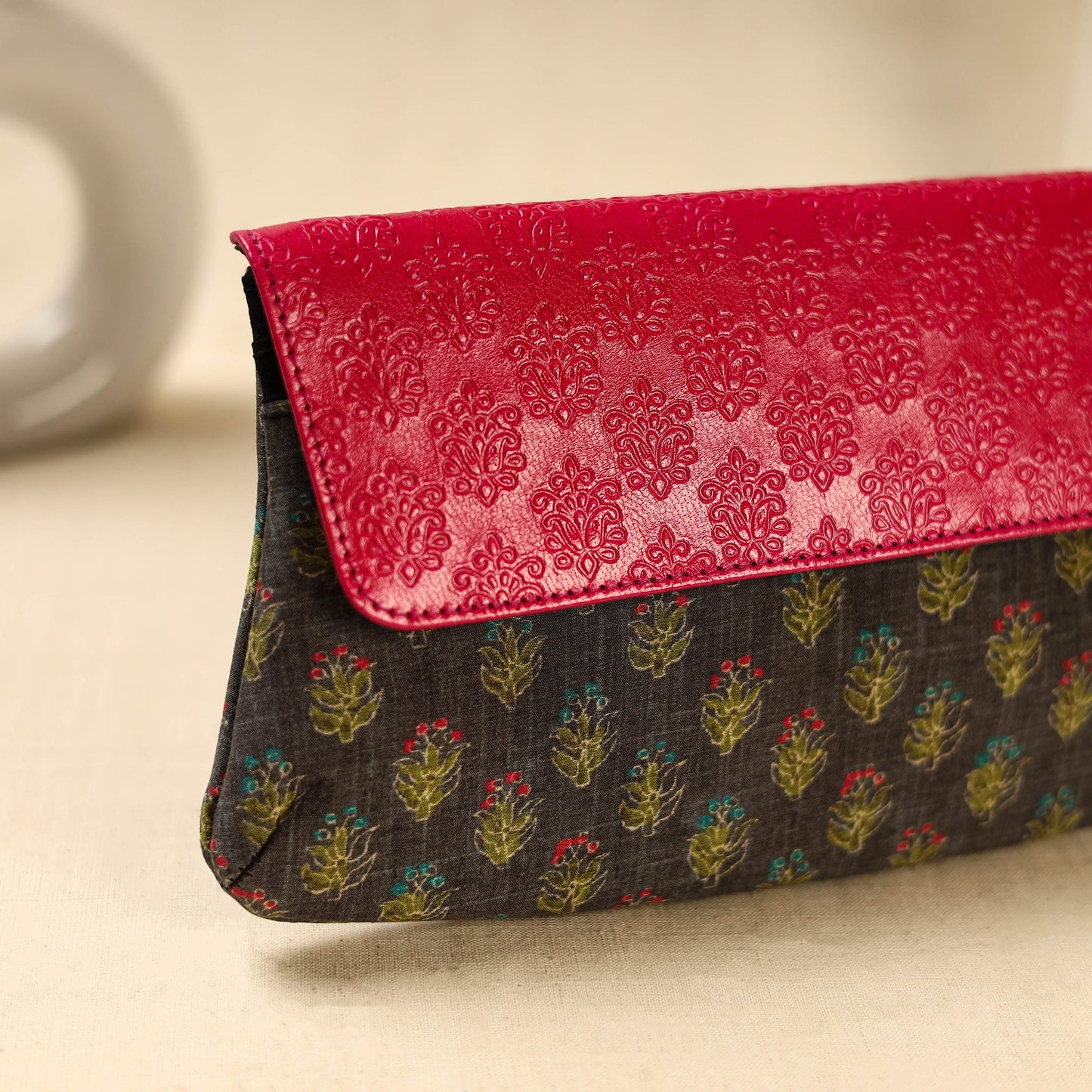 Brown Hand Print Clutch with Embossed Leather Flap