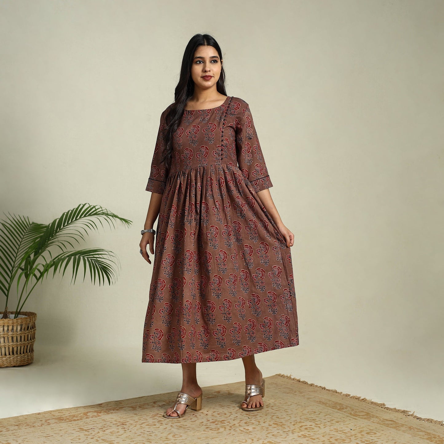  Brown Hand Block Print Cotton Flared Ajrakh Dress
