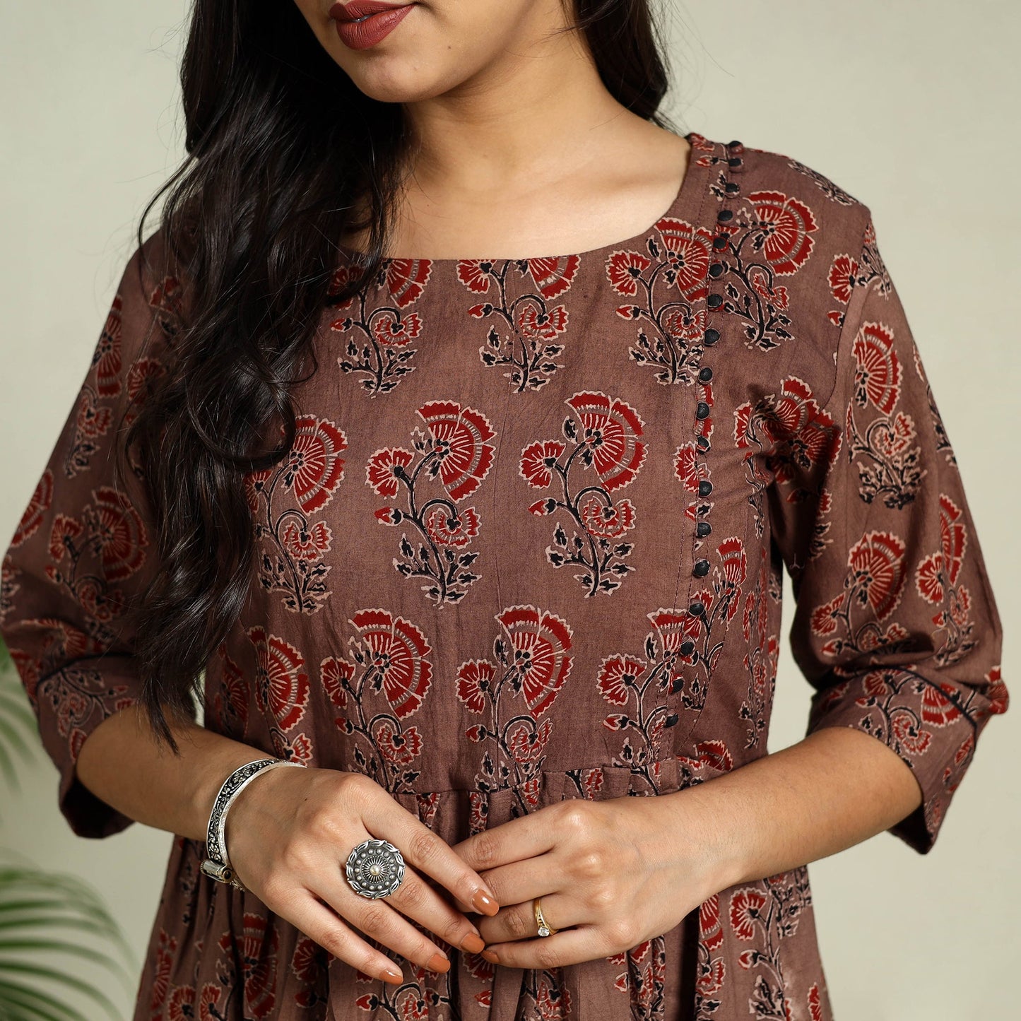  Brown Hand Block Print Cotton Flared Ajrakh Dress