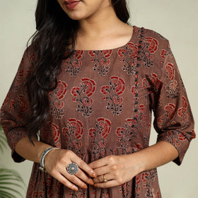  Brown Hand Block Print Cotton Flared Ajrakh Dress