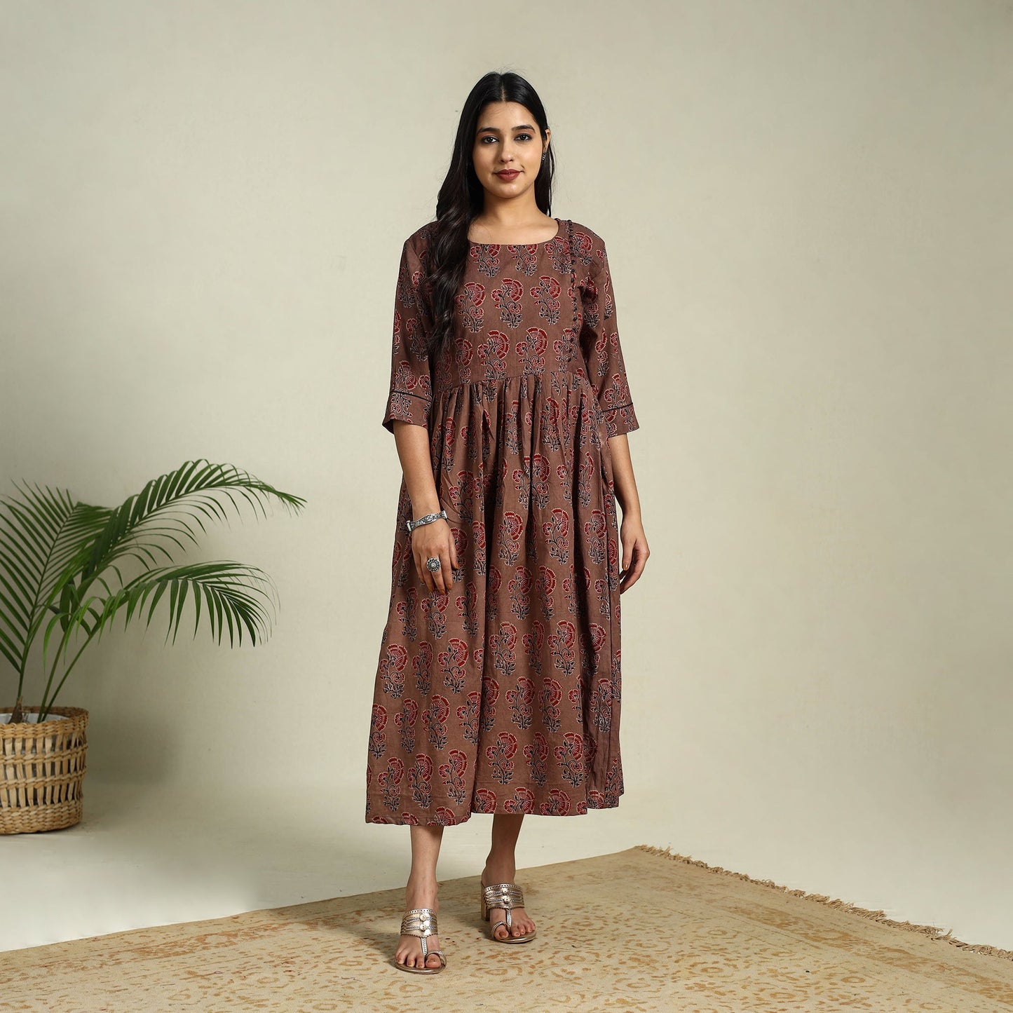  Brown Hand Block Print Cotton Flared Ajrakh Dress