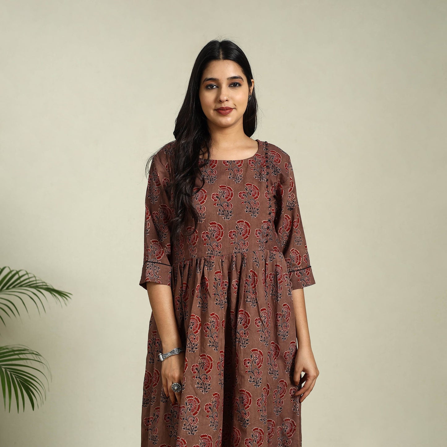  Brown Hand Block Print Cotton Flared Ajrakh Dress