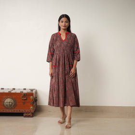 Buy Brown Hand Block Print Cotton Flared Gher Ajrakh Dress