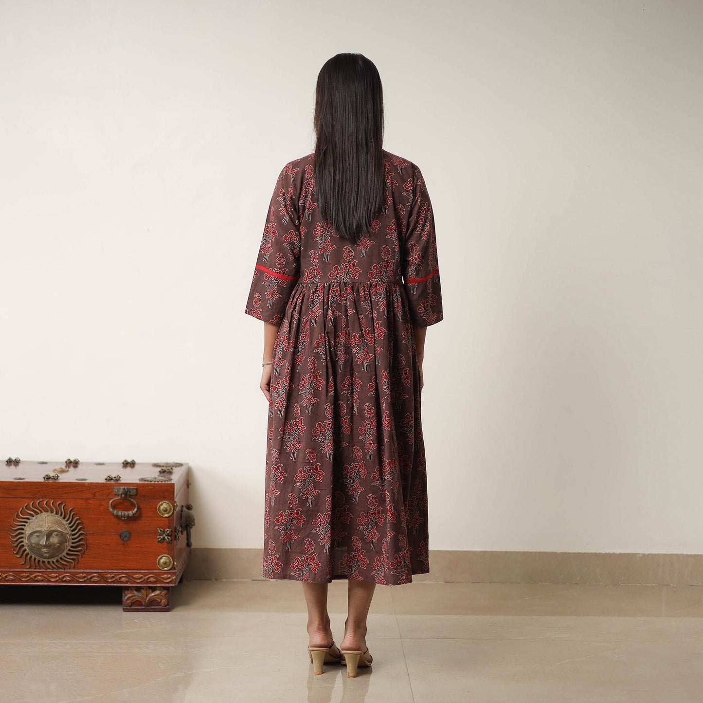 Buy Brown Hand Block Print Cotton Flared Gher Ajrakh Dress