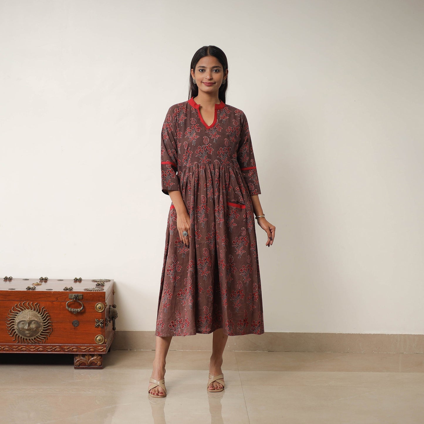 Buy Brown Hand Block Print Cotton Flared Gher Ajrakh Dress