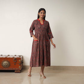 Buy Brown Hand Block Print Cotton Flared Gher Ajrakh Dress
