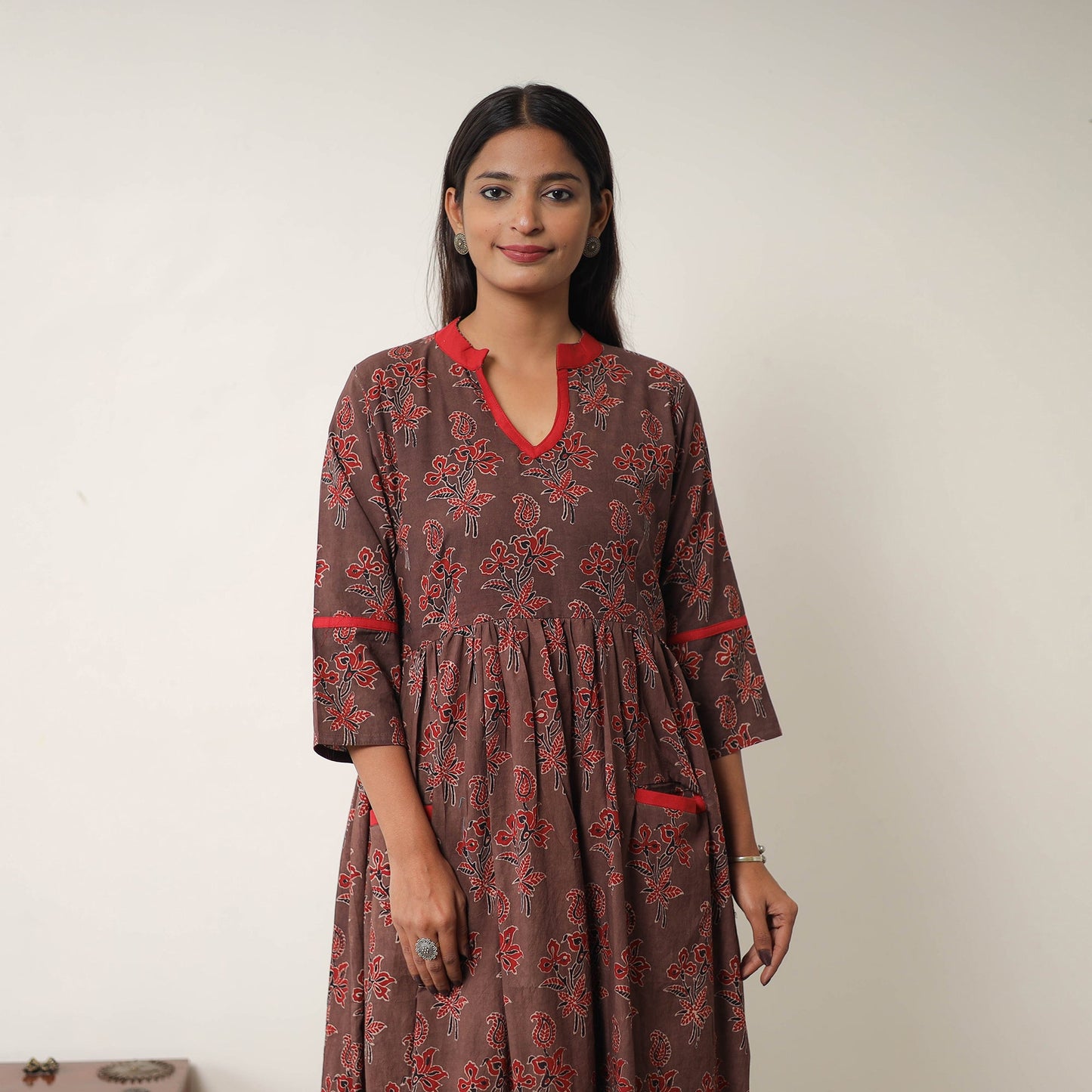 Buy Brown Hand Block Print Cotton Flared Gher Ajrakh Dress