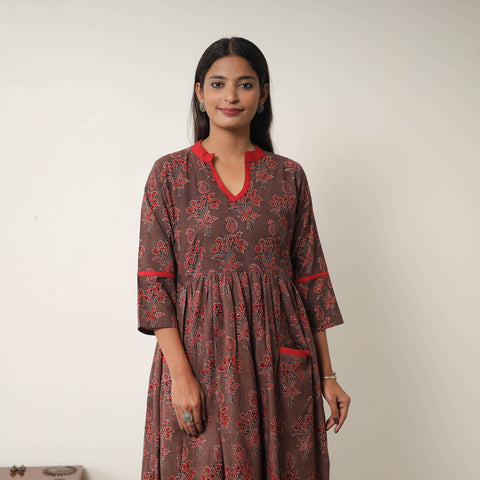 Buy Brown Hand Block Print Cotton Flared Gher Ajrakh Dress