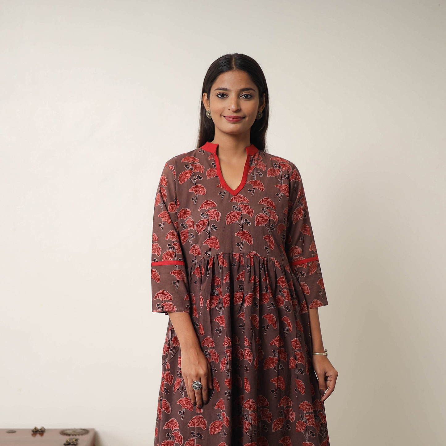 Brown - Hand Block Print Cotton Flared Gher Ajrakh Dress 10