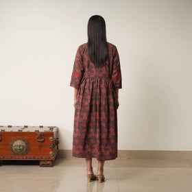 Brown - Hand Block Print Cotton Flared Gher Ajrakh Dress 10