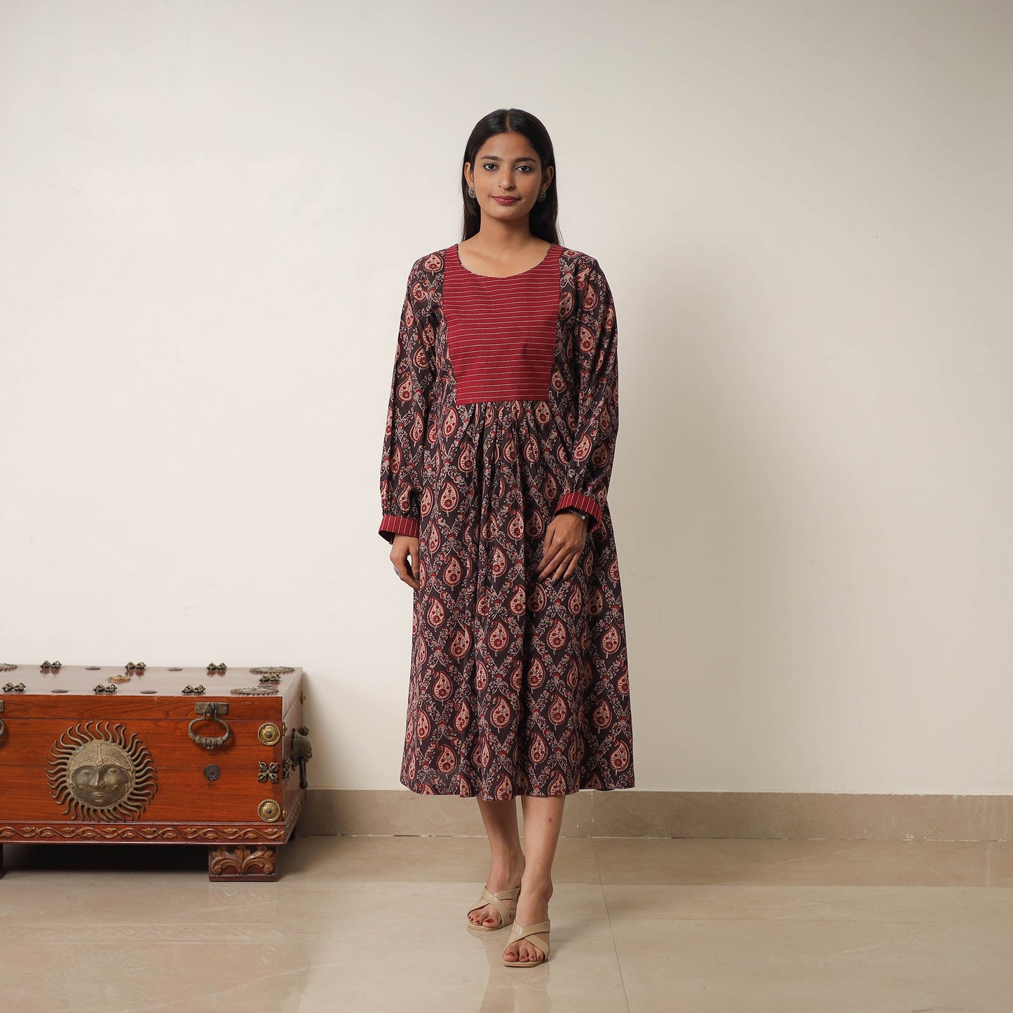 Buy Brown Hand Block Print Cotton Flared Gher Ajrakh Dress