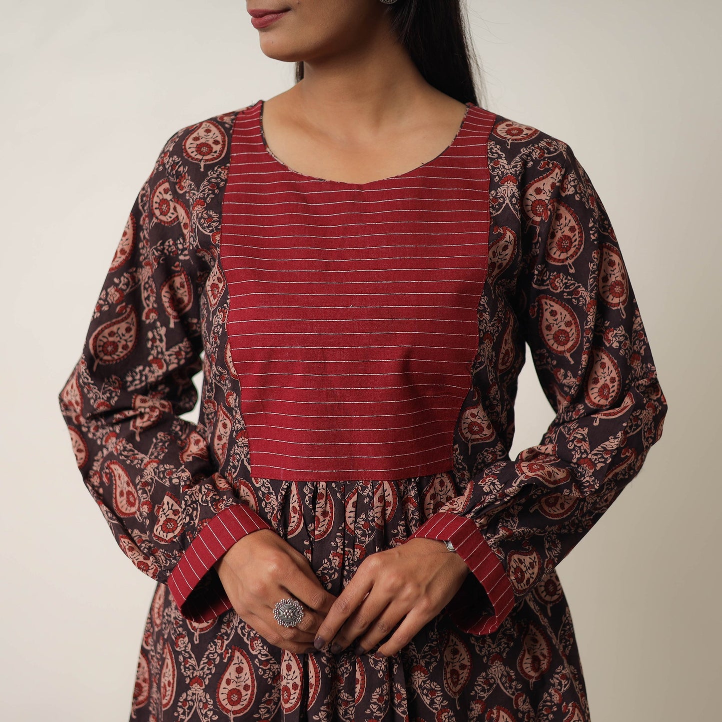 Buy Brown Hand Block Print Cotton Flared Gher Ajrakh Dress