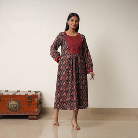 Buy Brown Hand Block Print Cotton Flared Gher Ajrakh Dress