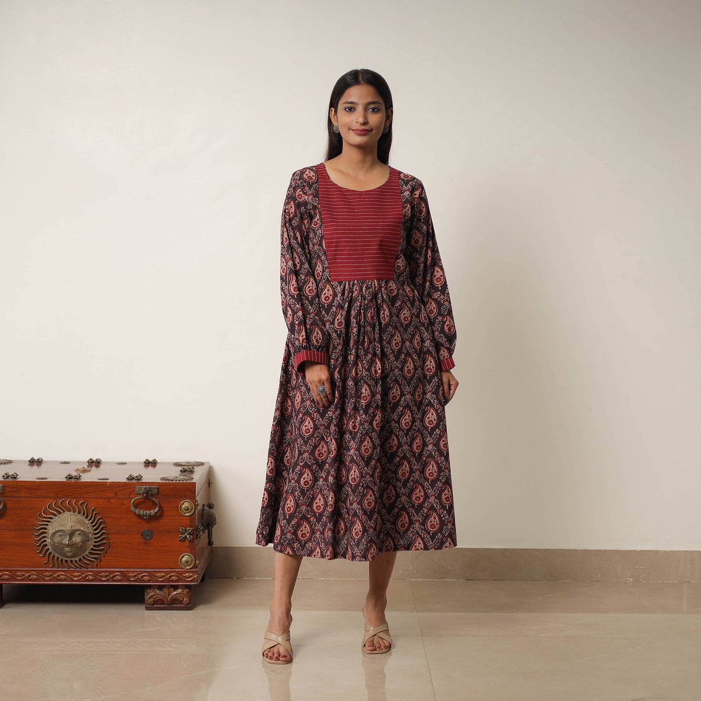 Buy Brown Hand Block Print Cotton Flared Gher Ajrakh Dress