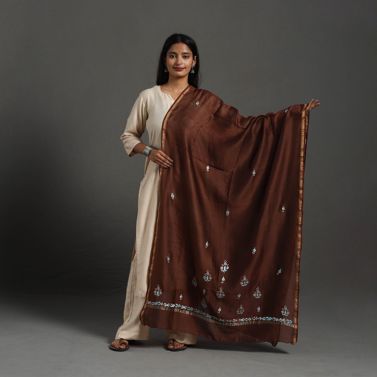 Brown - hand embroidered chanderi silk handloom kashida