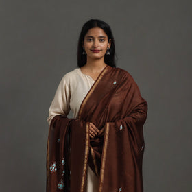 Brown - hand embroidered chanderi silk handloom kashida