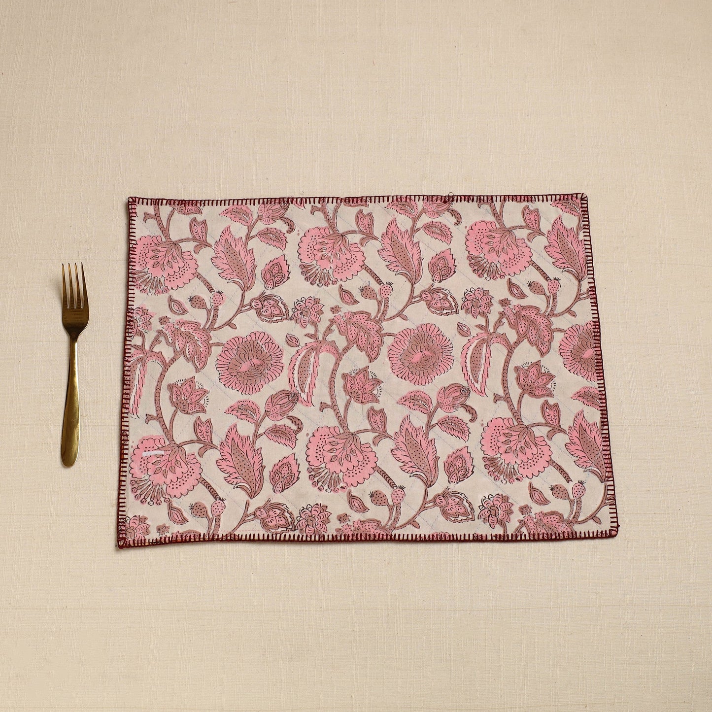 Brown Hand Embroidered Floral Cotton Reversible Table Mat
