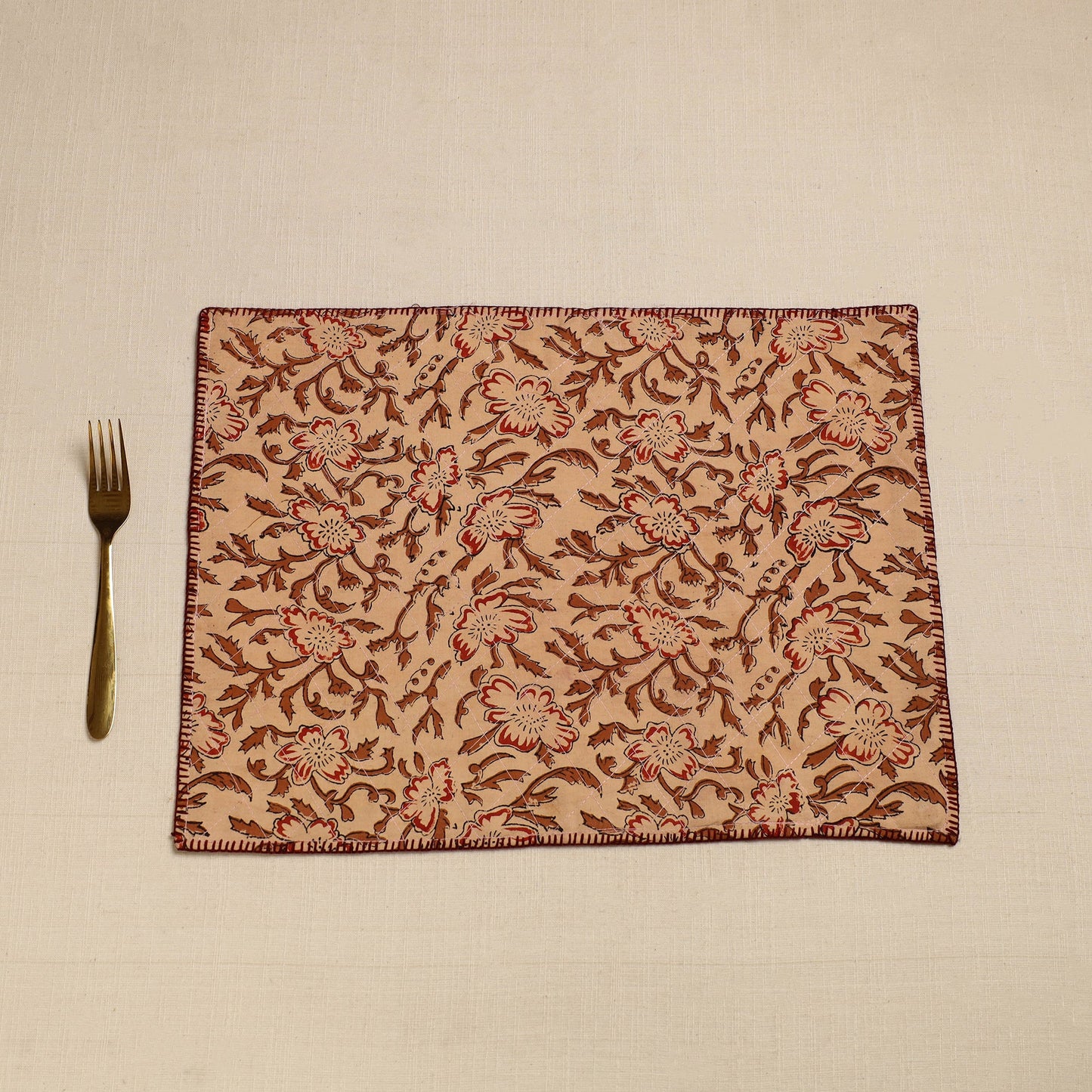 Brown Hand Embroidered Floral Cotton Reversible Table Mat