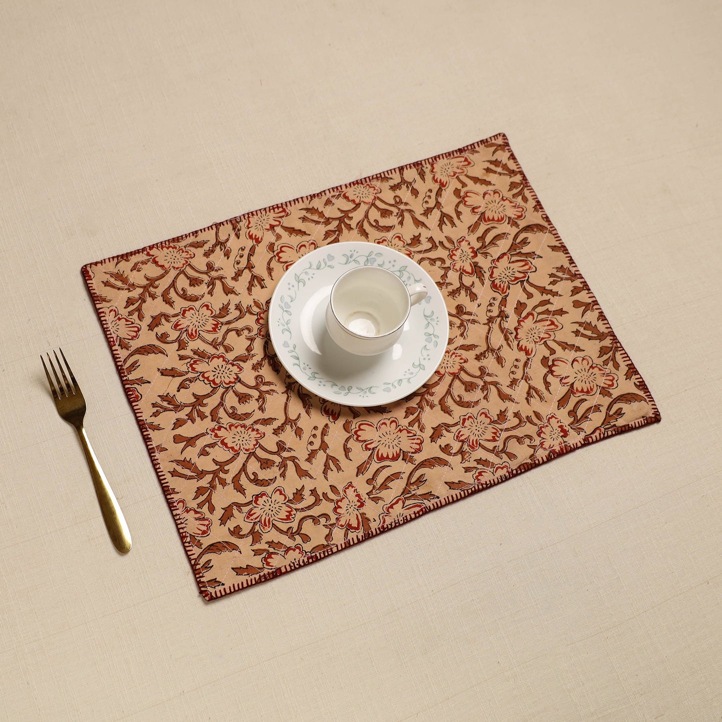 Brown Hand Embroidered Floral Cotton Reversible Table Mat