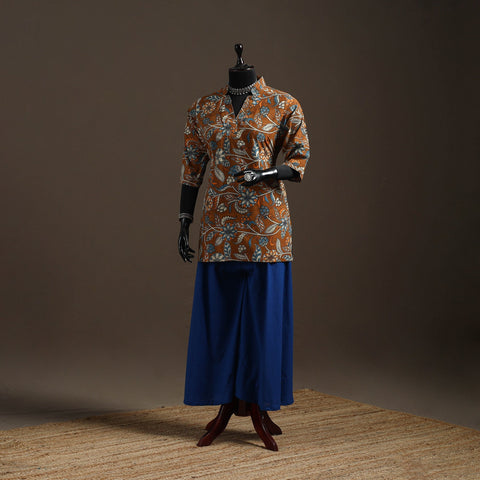 Hand embroidered printed cotton short kalamkari kurta