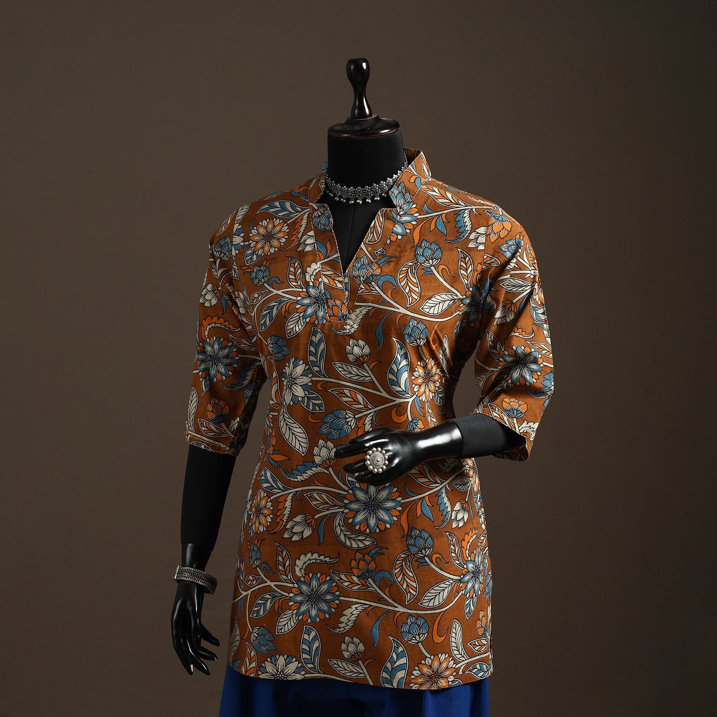 Hand embroidered printed cotton short kalamkari kurta