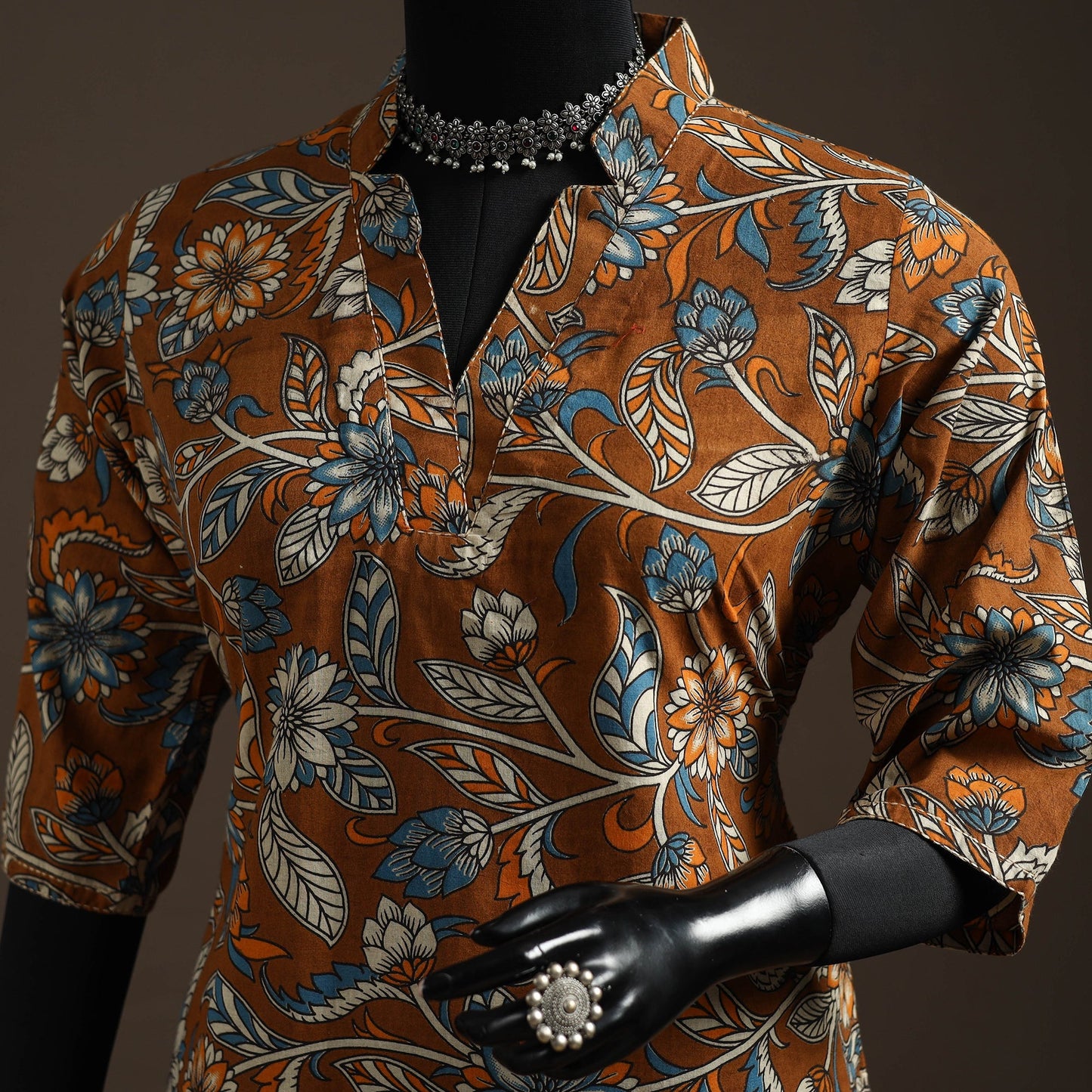 Hand embroidered printed cotton short kalamkari kurta