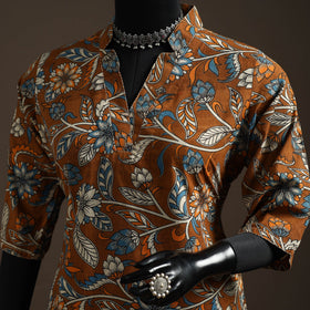 Hand embroidered printed cotton short kalamkari kurta