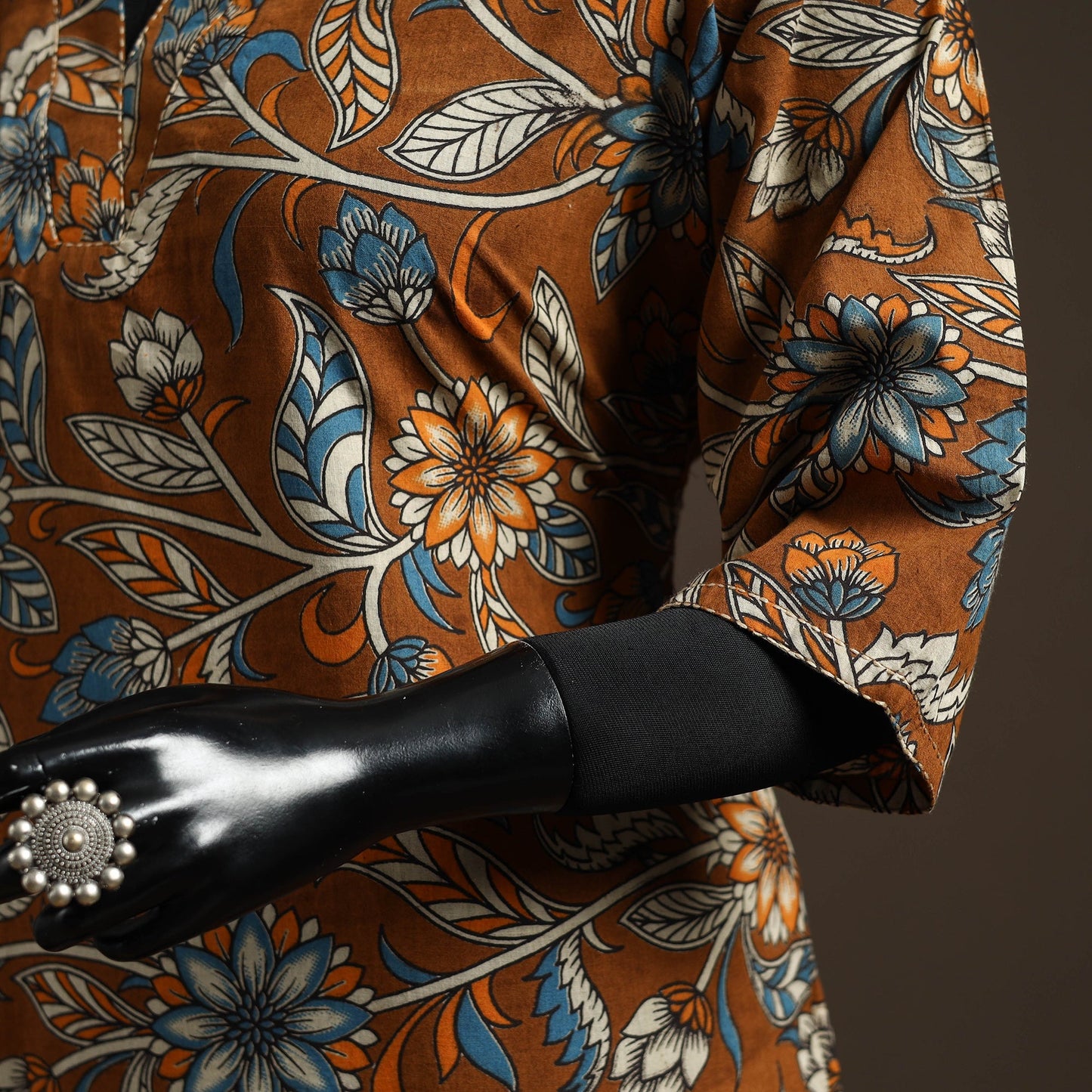 Hand embroidered printed cotton short kalamkari kurta