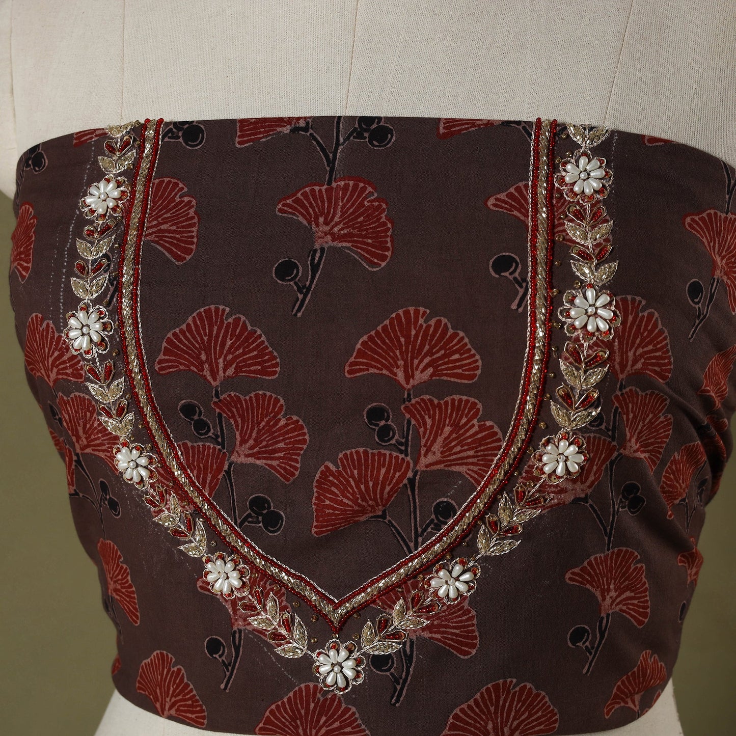 Brown Ajrakh Print Hand Embroidery Cotton Blouse Piece