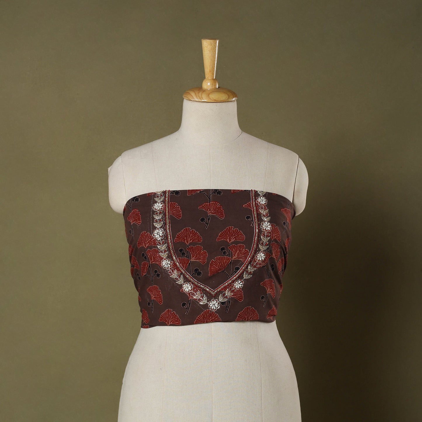 Brown Ajrakh Print Hand Embroidery Cotton Blouse Piece