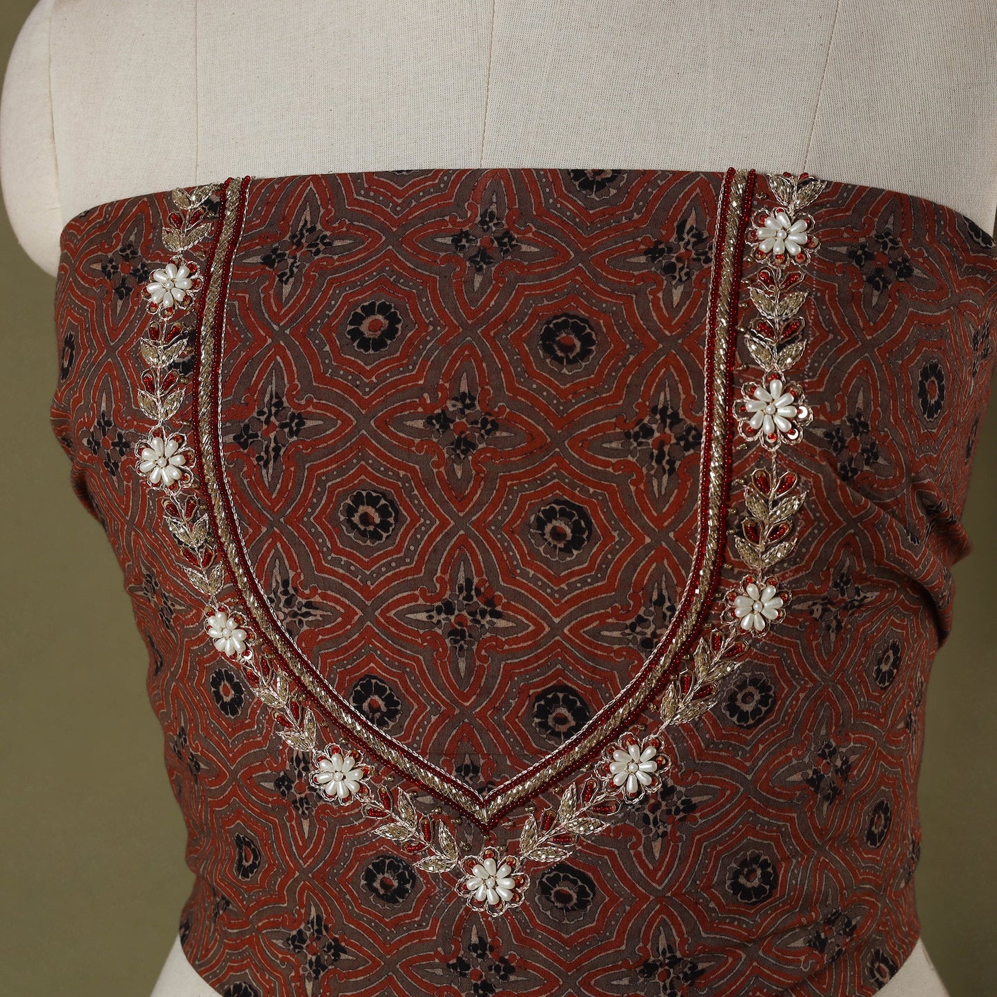 Ajrakh Print Hand Embroidery Cotton Blouse Piece