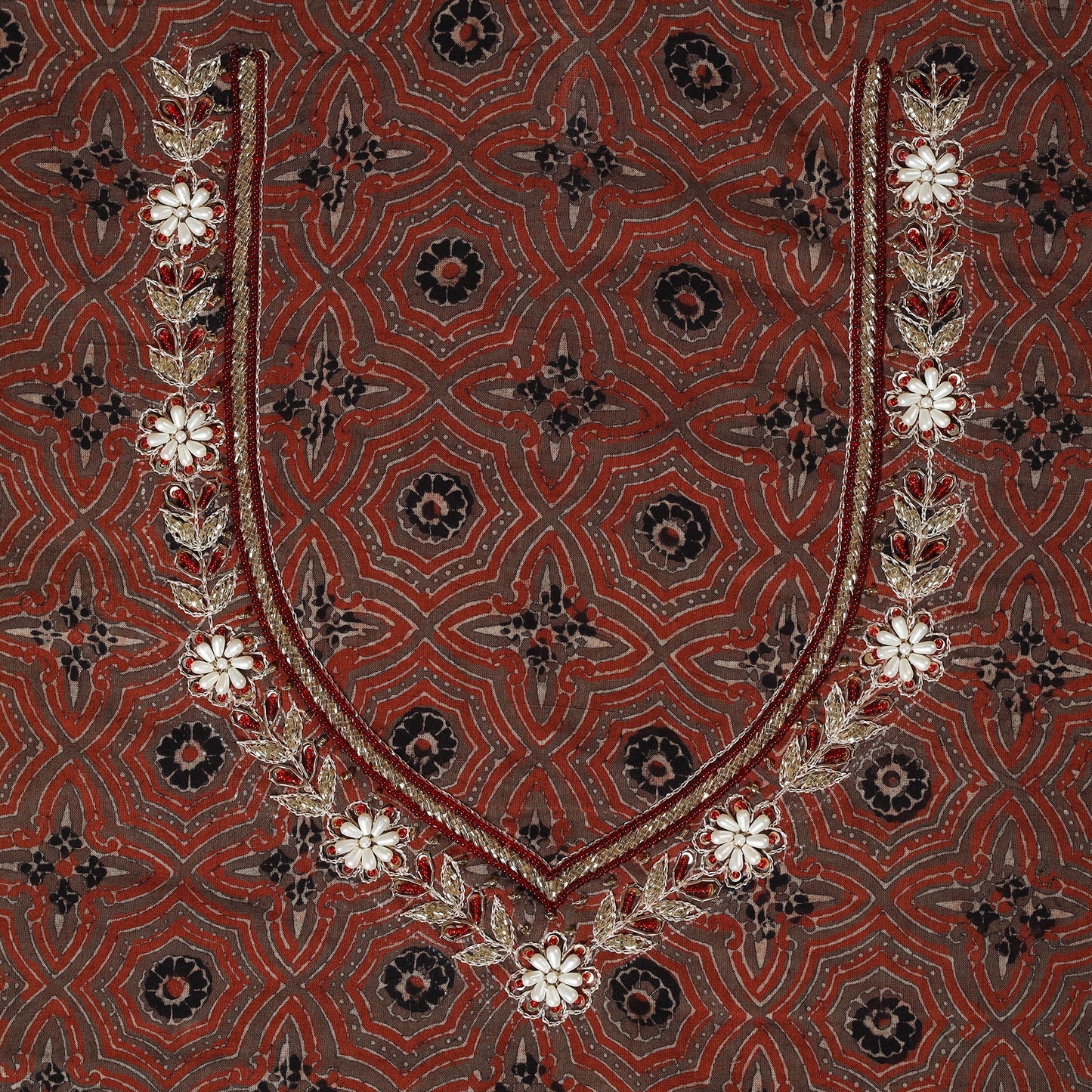 Ajrakh Print Hand Embroidery Cotton Blouse Piece