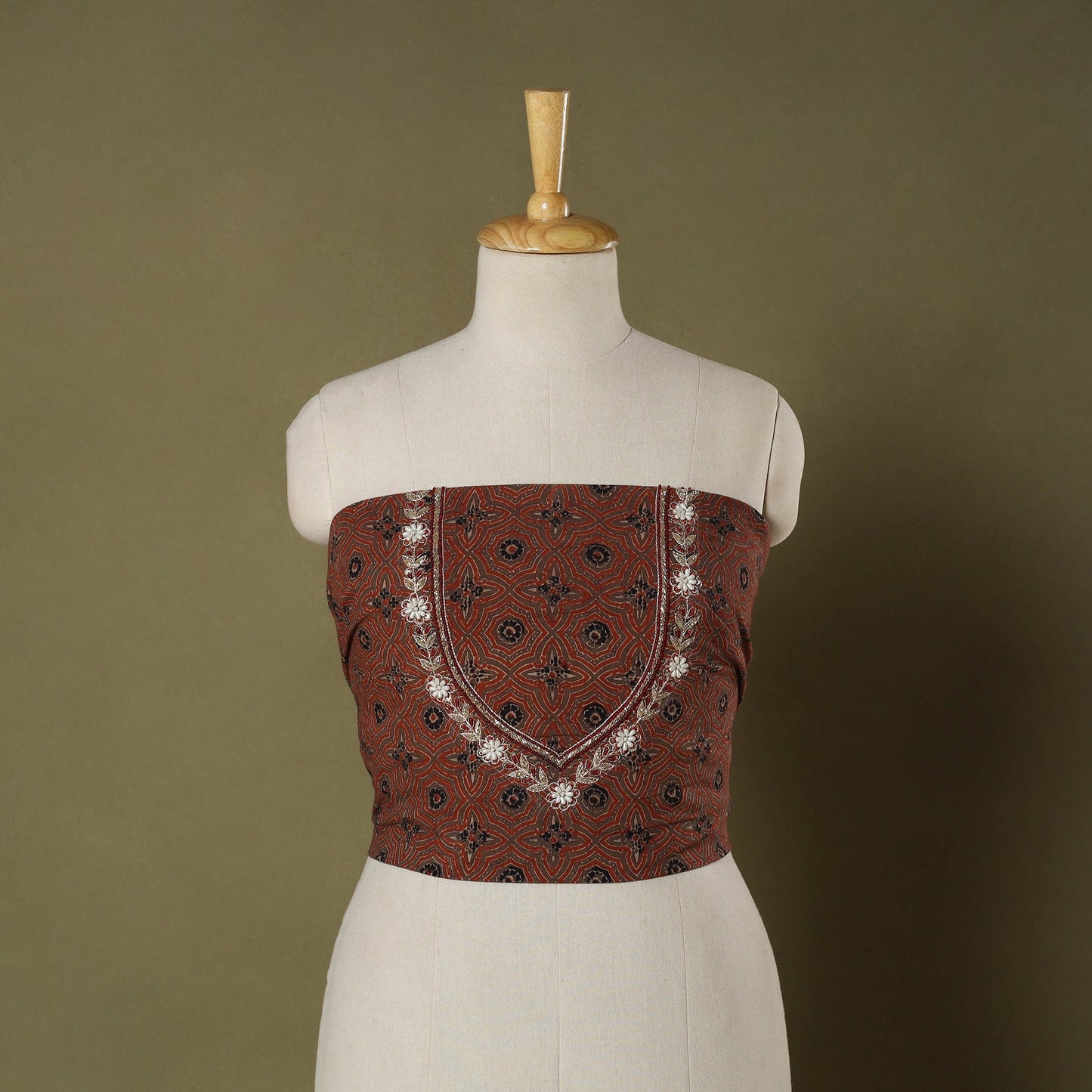 Ajrakh Print Hand Embroidery Cotton Blouse Piece