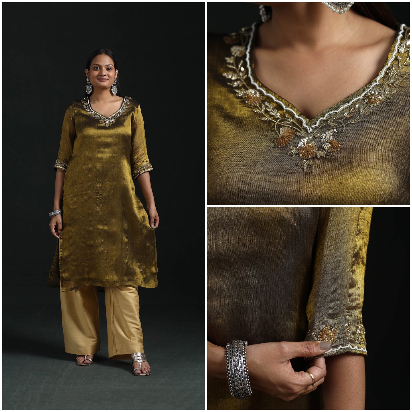 Hand embroidery fine tissue zari straight plain kurta