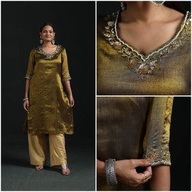 Hand embroidery fine tissue zari straight plain kurta
