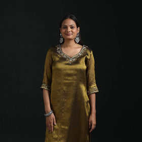 Hand embroidery fine tissue zari straight plain kurta