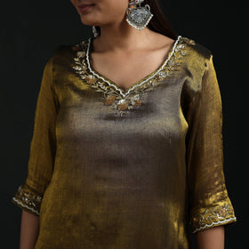 Hand embroidery fine tissue zari straight plain kurta