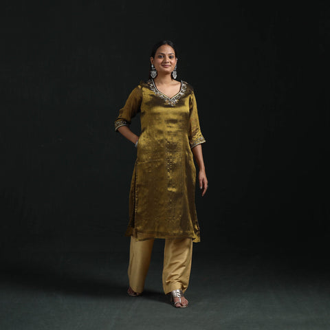 Hand embroidery fine tissue zari straight plain kurta