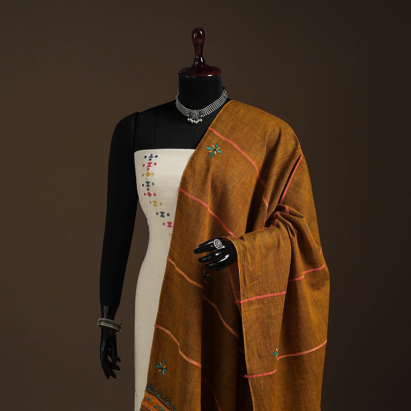 Brown Hand Embroidery Khes Handwoven Cotton Kantha Dupatta