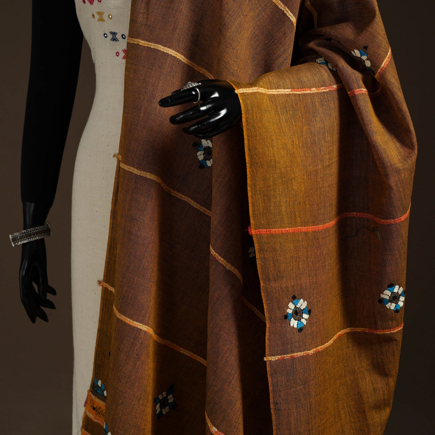 Brown - hand embroidery khes handwoven cotton kantha