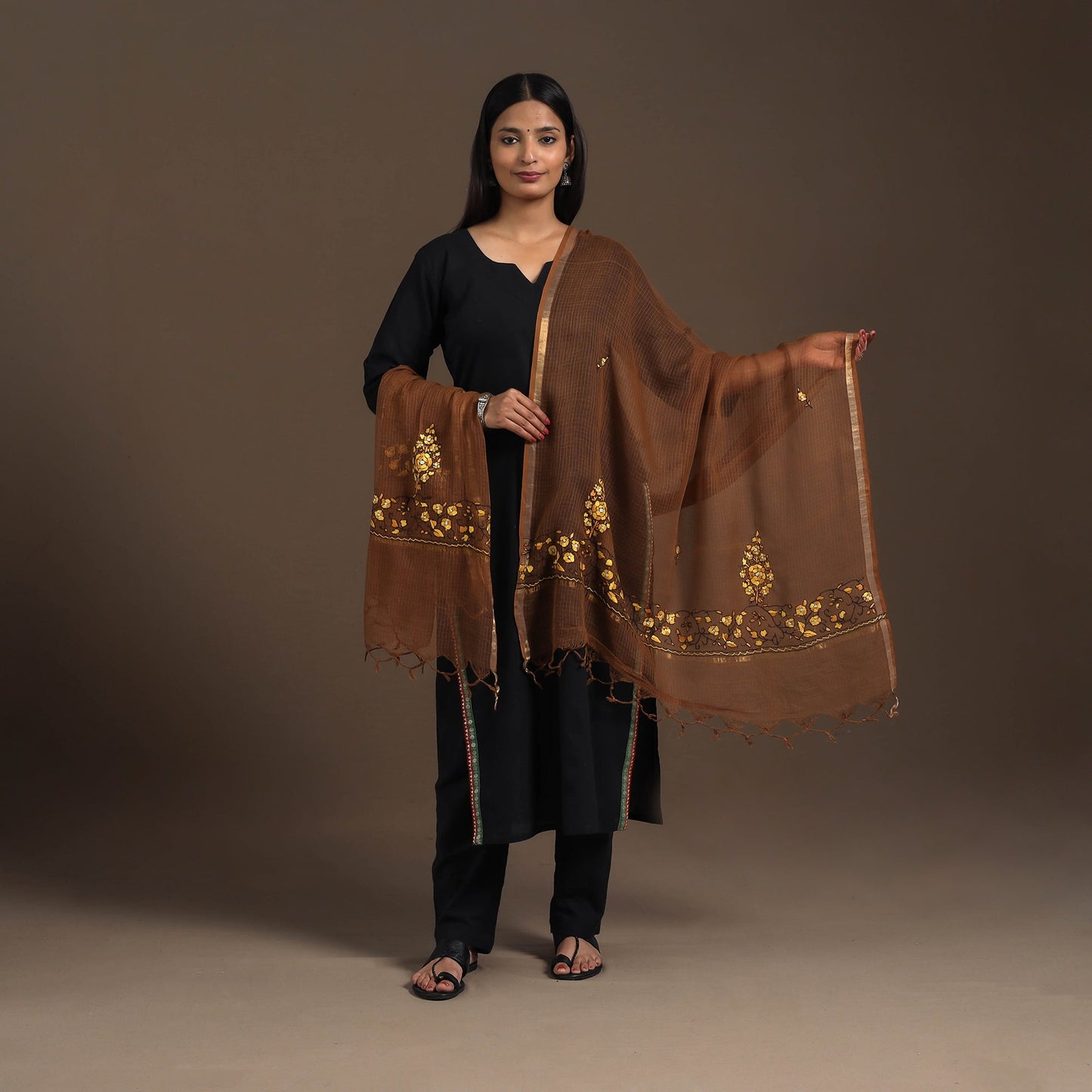 Brown - hand embroidery kota silk kashida dupatta 04