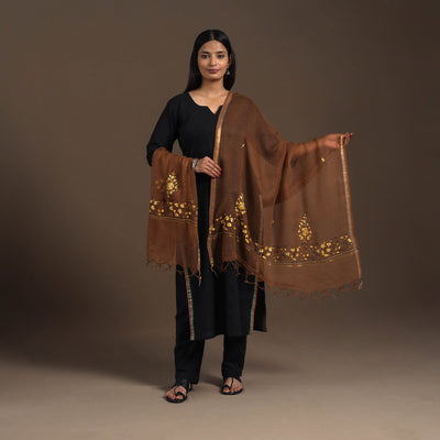 Brown - hand embroidery kota silk kashida dupatta 04