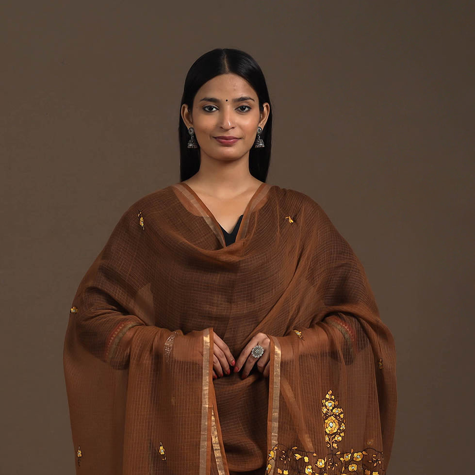 Brown - hand embroidery kota silk kashida dupatta 04