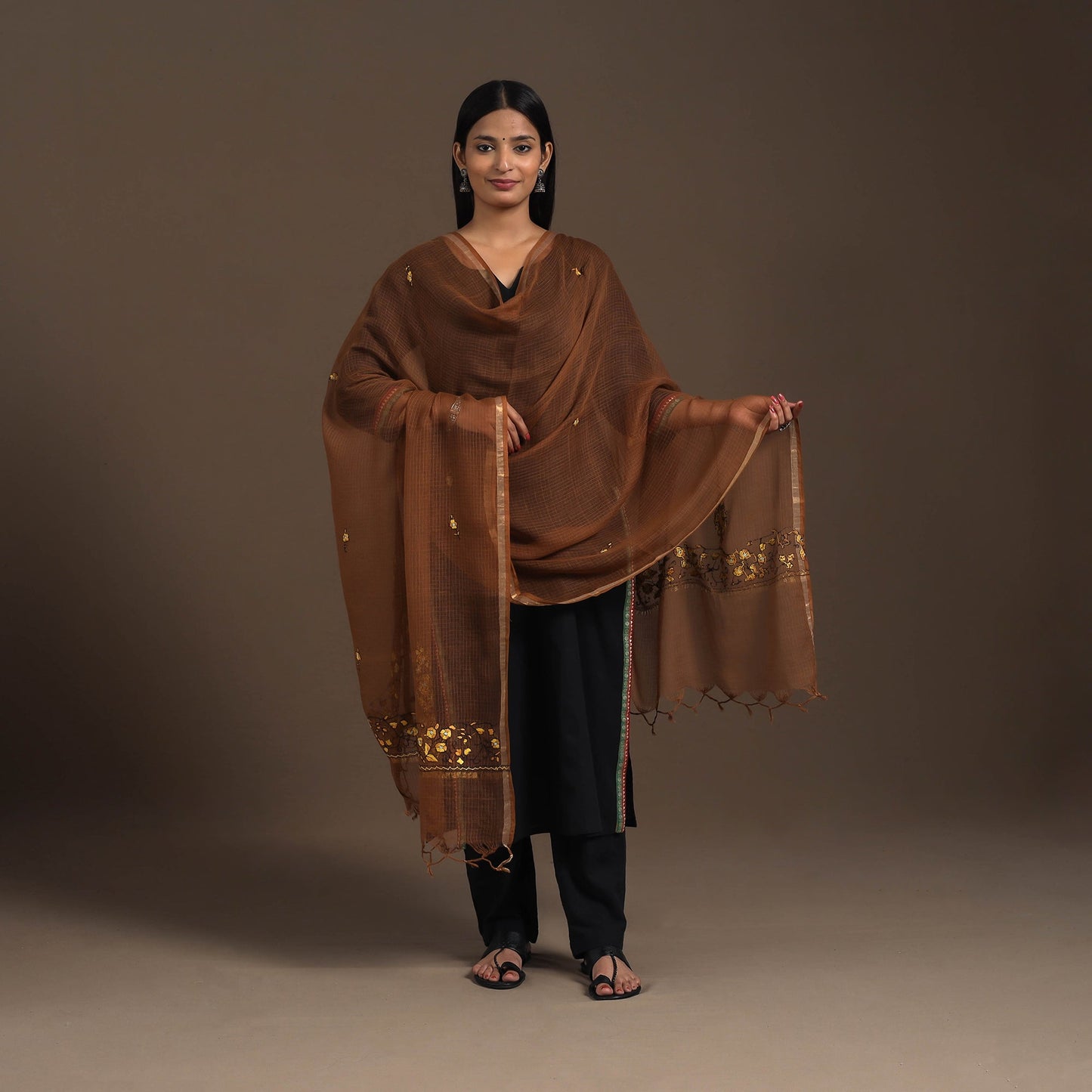 Brown - hand embroidery kota silk kashida dupatta 04