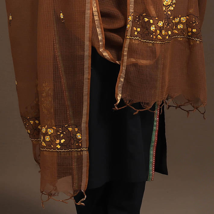 Brown - hand embroidery kota silk kashida dupatta 04