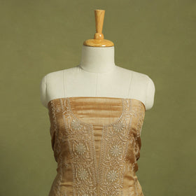 Brown Hand Embroidery Tussar Silk Chikankari Kurta Material